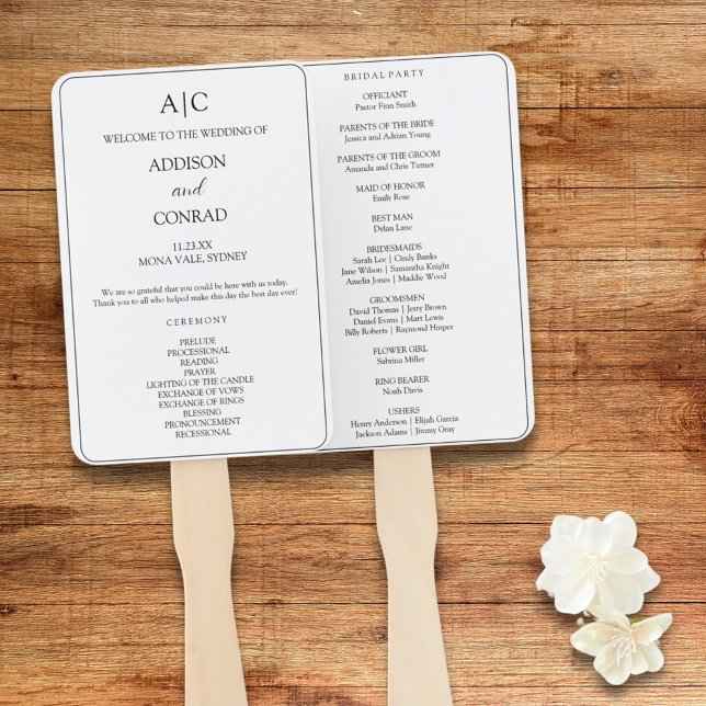 Elegant White Monogram Wedding Program Hand Fan (Creator Uploaded)