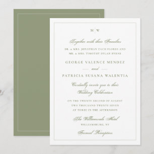 Elegant White Moss Green Monogram Classic Wedding Invitation