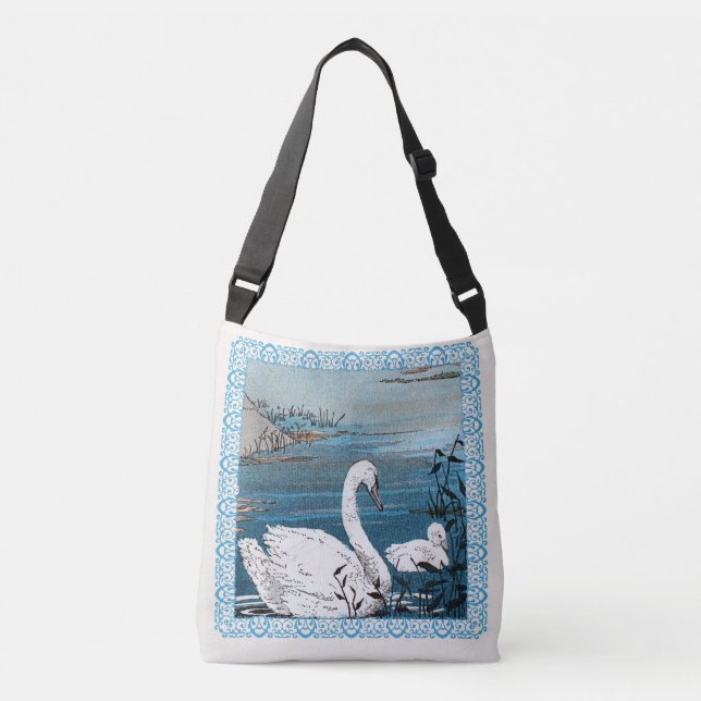 Elegant White Mother Swan With Baby in Blue Lake Crossbody Bag (Front)