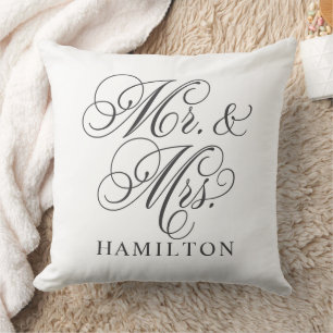 Elegant White Mr and Mrs Script Custom Monogram Cushion