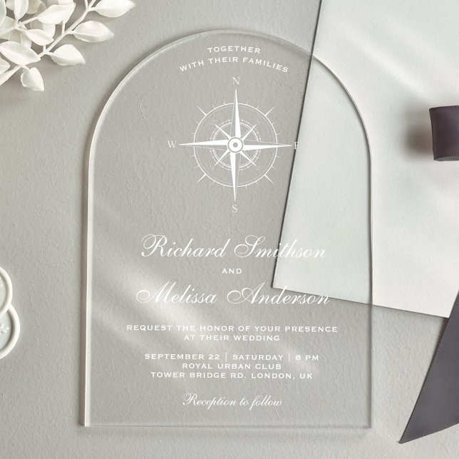 Elegant White Nautical Compass Wedding Acrylic Invitations (Creator Uploaded)