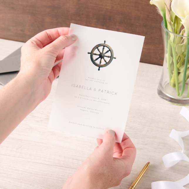 Elegant White Nautical Wheel Vellum Invitations (Handheld)