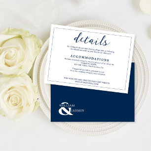 Elegant White & Navy Blue Border Script Wedding Enclosure Card