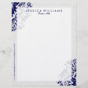 Elegant White & Navy Blue Floral Lace Personalized Letterhead