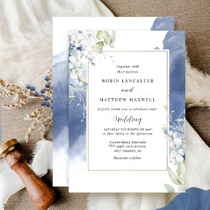 Elegant White, Navy Blue Floral Watercolor Wedding Invitation