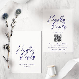 Elegant White & Navy Blue QR Code RSVP Card