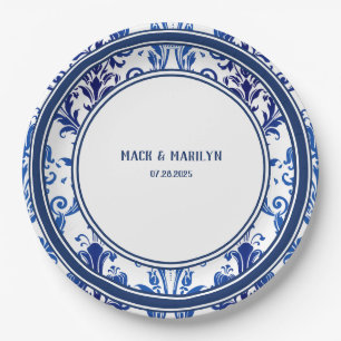 Elegant White Navy Floral Damask Wedding Dinner Paper Plate