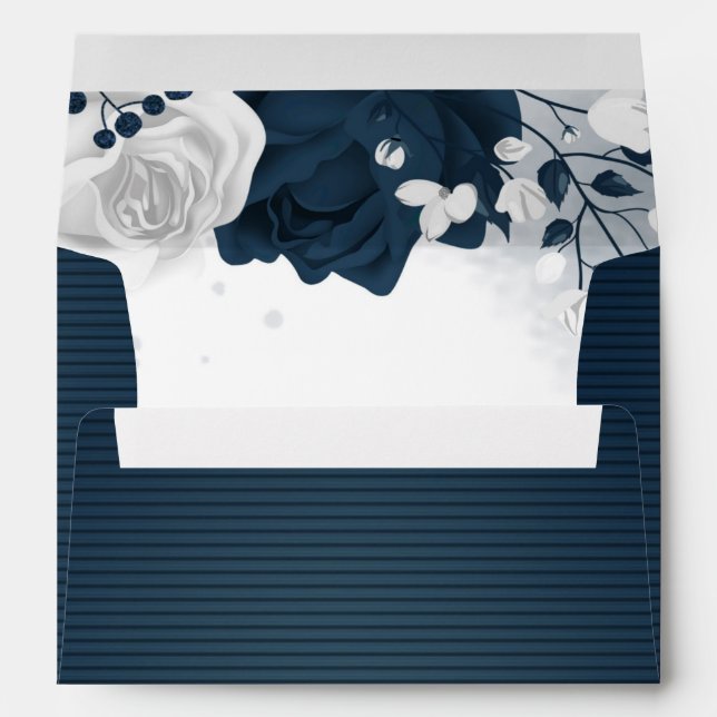 elegant white & navy flowers navy blue wedding  envelope (Back (Bottom))