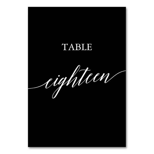 Elegant White on Black Calligraphy Table Eighteen Table Number (Front)