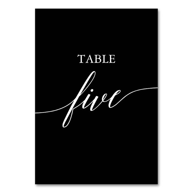 Elegant White on Black Calligraphy Table Five Table Number (Front)