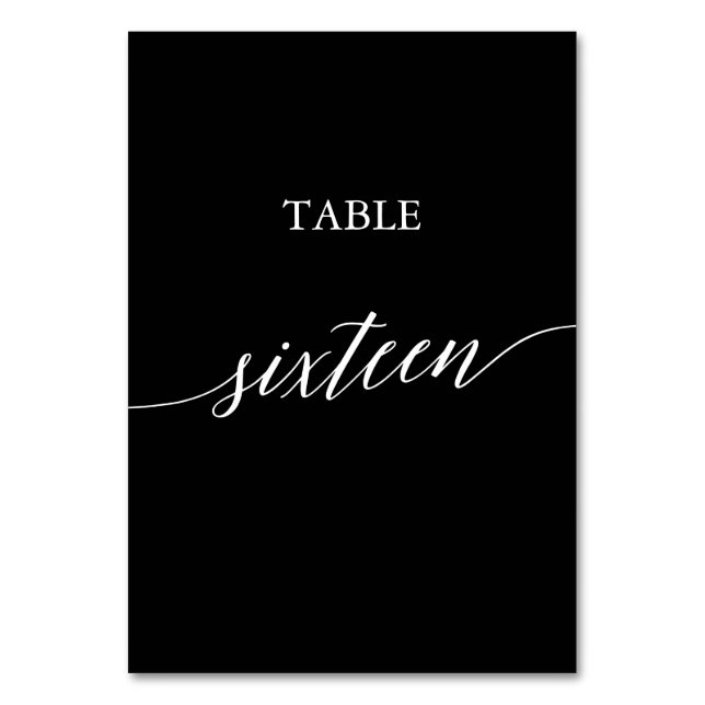 Elegant White on Black Calligraphy Table Sixteen Table Number (Front)