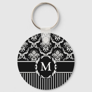 Elegant White on Black Damask Key Ring