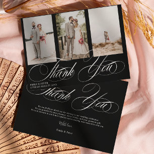 Elegant white on black thank you 3 photo wedding  card