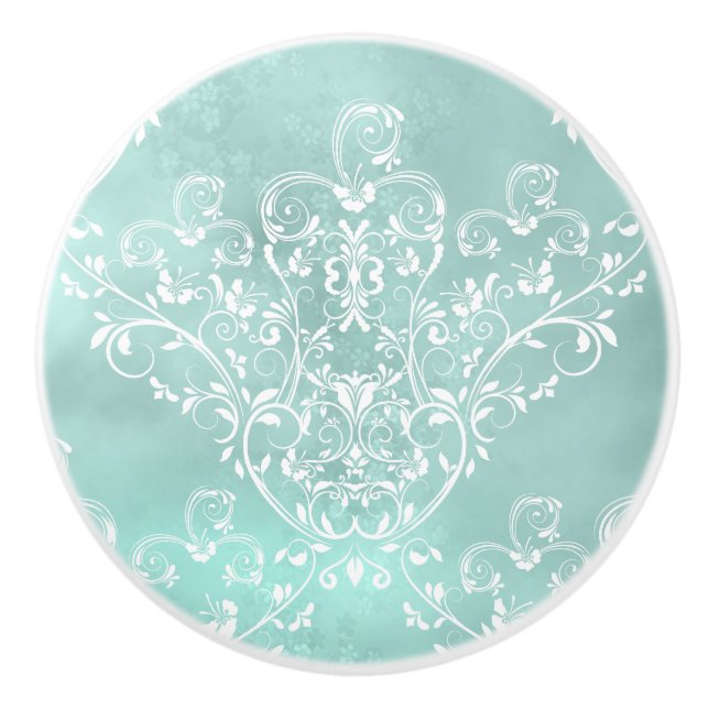 Elegant White on Teal Damask Ceramic Knob (Front)