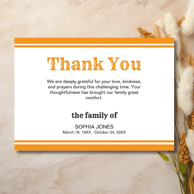 Elegant White & Orange Lines Memorial Thank You Card (Creator Uploaded)