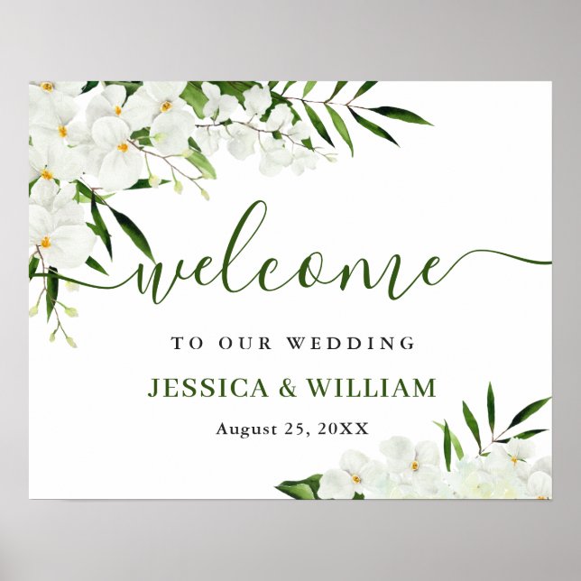 Elegant White Orchid Bohemian Wedding Welcome Sign (Front)