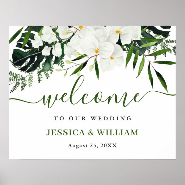 Elegant White Orchid Bohemian Wedding Welcome Sign (Front)