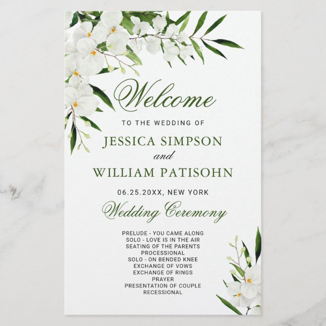 Elegant White Orchid Boho Wedding Ceremony Program (Front)
