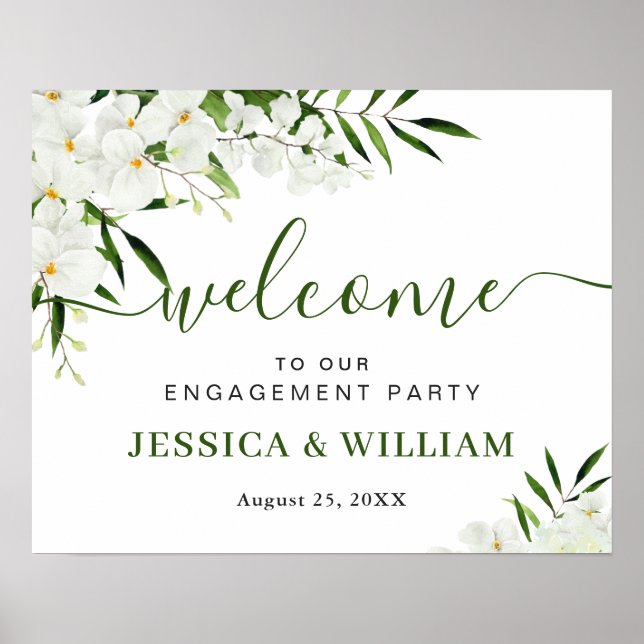 Elegant White Orchid ENGAGEMENT PARTY Welcome Sign (Front)