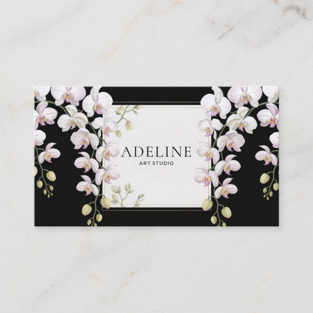Elegant White Orchid Floral Black and Gold Business Card (Front)