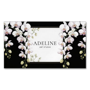 Elegant White Orchid Pink Accent Black Gold Frame Magnetic Business Card