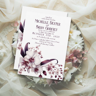 Elegant White Orchid & Plum Wedding Invitation