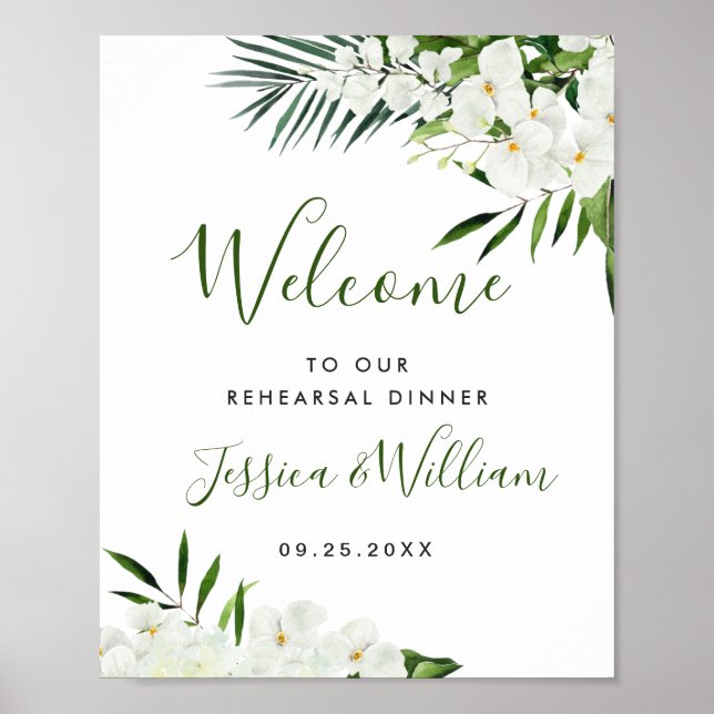 Elegant White Orchid REHEARSAL DINNER Welcome Sign (Front)