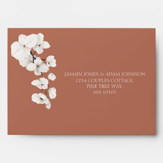 Elegant White Orchid Terracotta Floral Wedding Envelope (Front)