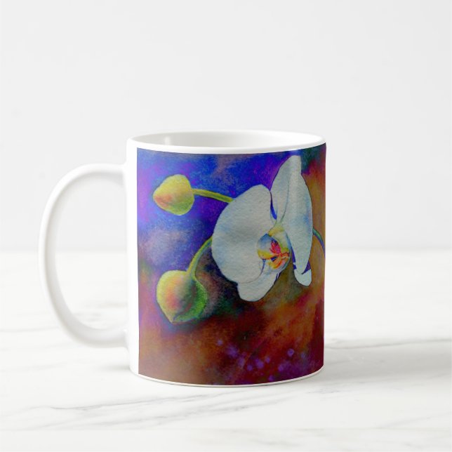 Elegant white orchid watercolor painting coffee mug (Left)