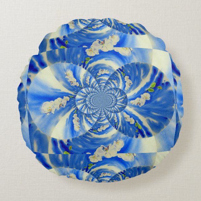 Elegant white orchid watercolor painting round cushion (Front)