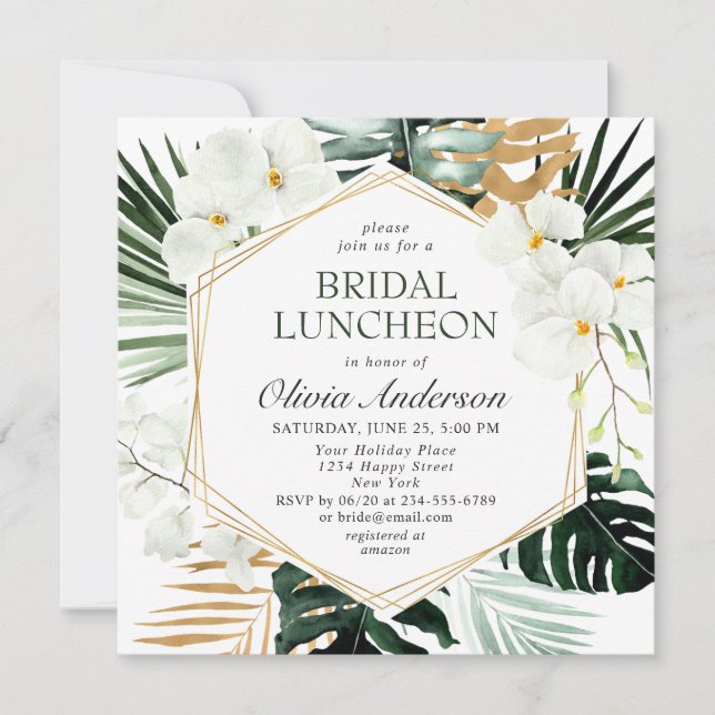 Elegant White Orchids Bohemian BRIDAL LUNCHEON Invitation (Front)