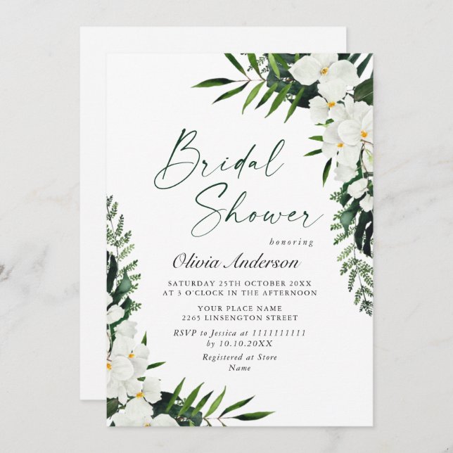 Elegant White Orchids Bohemian Bridal Shower Invitation (Front/Back)
