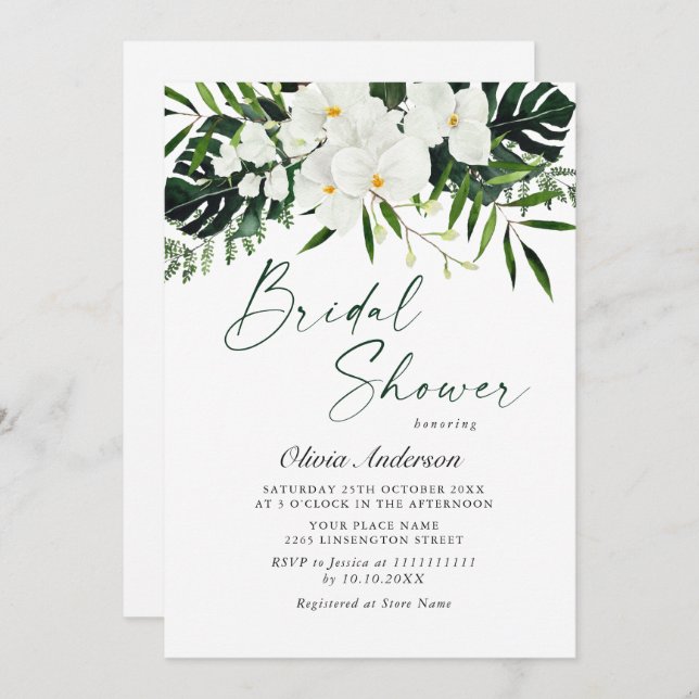 Elegant White Orchids Bohemian Bridal Shower Invitation (Front/Back)