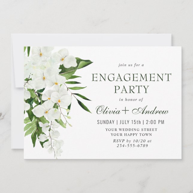 Elegant White Orchids Bohemian ENGAGEMENT PARTY Invitation (Front)