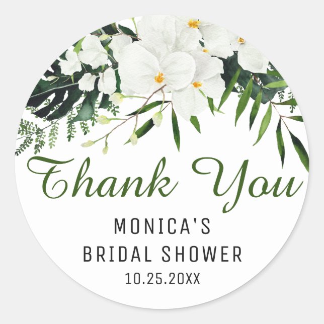 Elegant White Orchids Bohemian Floral Thank You Classic Round Sticker (Front)