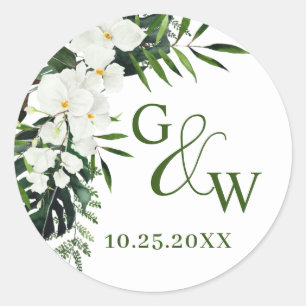 Elegant White Orchids Bohemian Floral Wedding Classic Round Sticker