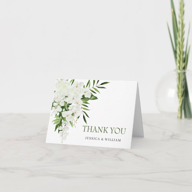 Elegant White Orchids Bohemian Floral Wedding Thank You Card (Front)