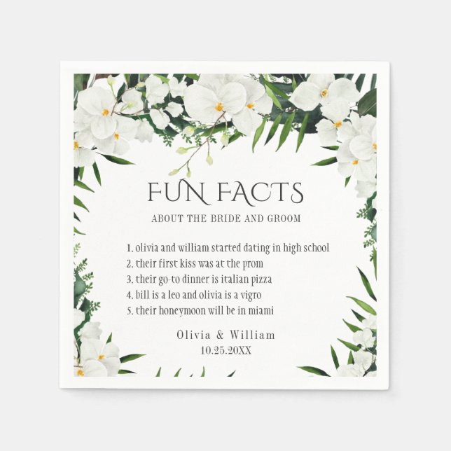 Elegant White Orchids Bohemian Fun Facts Wedding Napkin (Front)