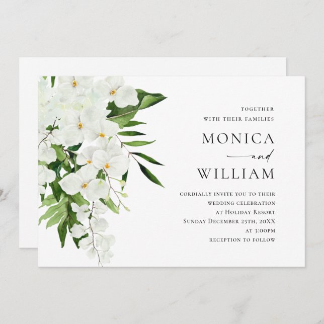 Elegant White Orchids Bohemian Greenery Wedding Invitation (Front/Back)