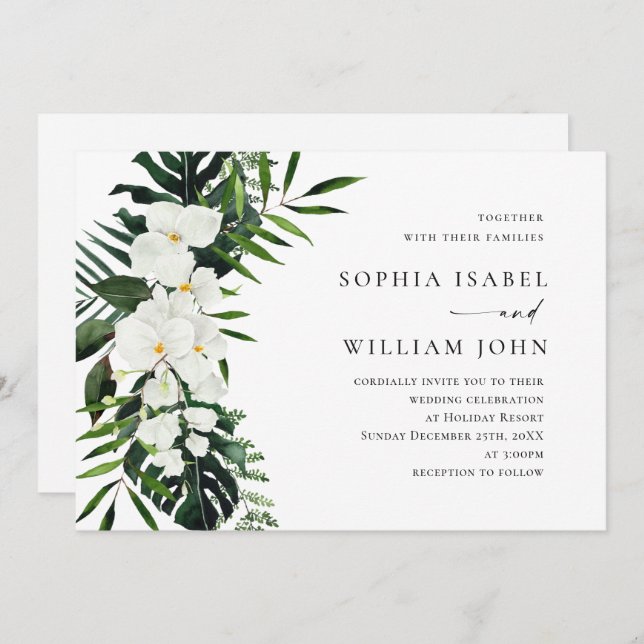 Elegant White Orchids Bohemian Greenery Wedding Invitation (Front/Back)