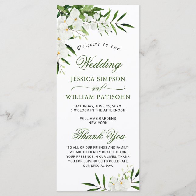 Elegant White Orchids Bohemian Wedding Ceremony Pr Programme (Front)