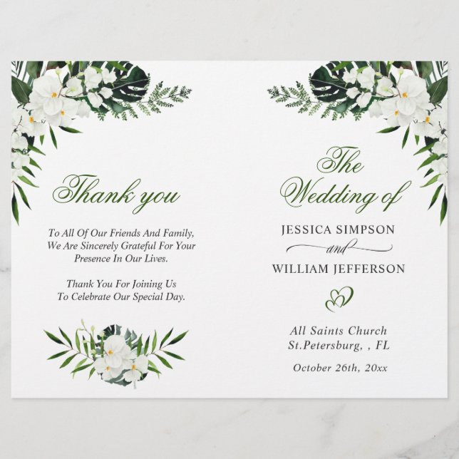 Elegant White Orchids Bohemian Wedding Program (Front)
