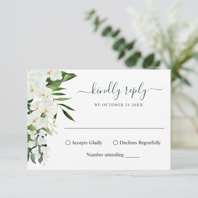 Elegant White Orchids Bohemian Wedding  RSVP Card (Standing Front)