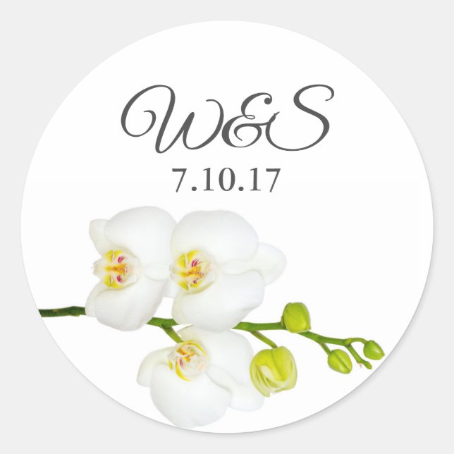 Elegant White Orchids Couple's Initials & Date Classic Round Sticker (Front)
