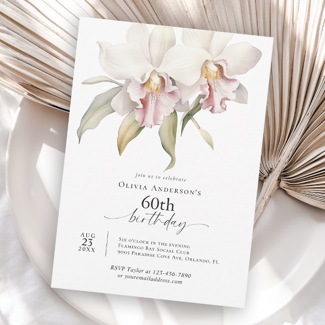 Elegant White Orchids Floral 60th Birthday Invitation (Available in both printed and instant download digital formats.)