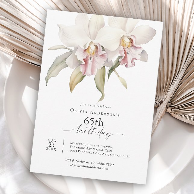 Elegant White Orchids Floral 65th Birthday Invitation (Available as both printed and instant download digital formats.)