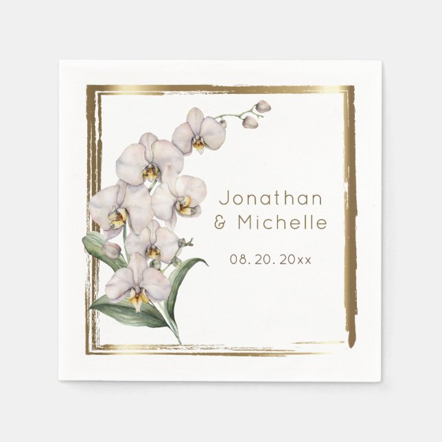 Elegant White Orchids Gold Frame Wedding Napkin (Front)