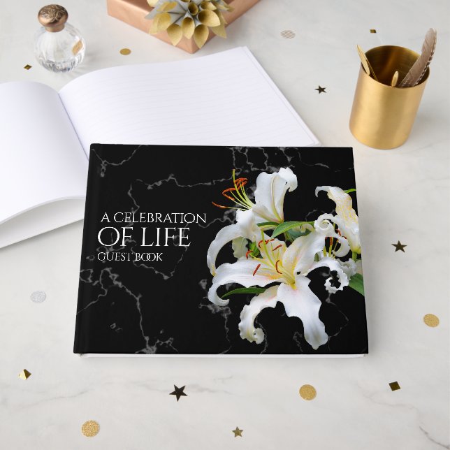 Elegant White Oriental Lilies Celebration of Life Guest Book (Front Open)