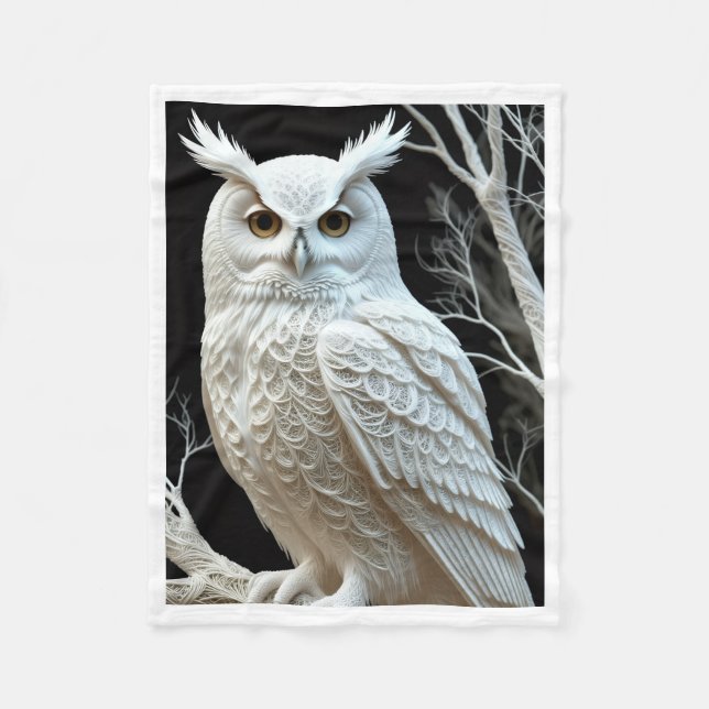 Elegant White Owl on Tree Fleece Blanket (Front)