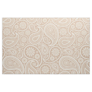 Elegant White Paisley Over Tan Background Fabric